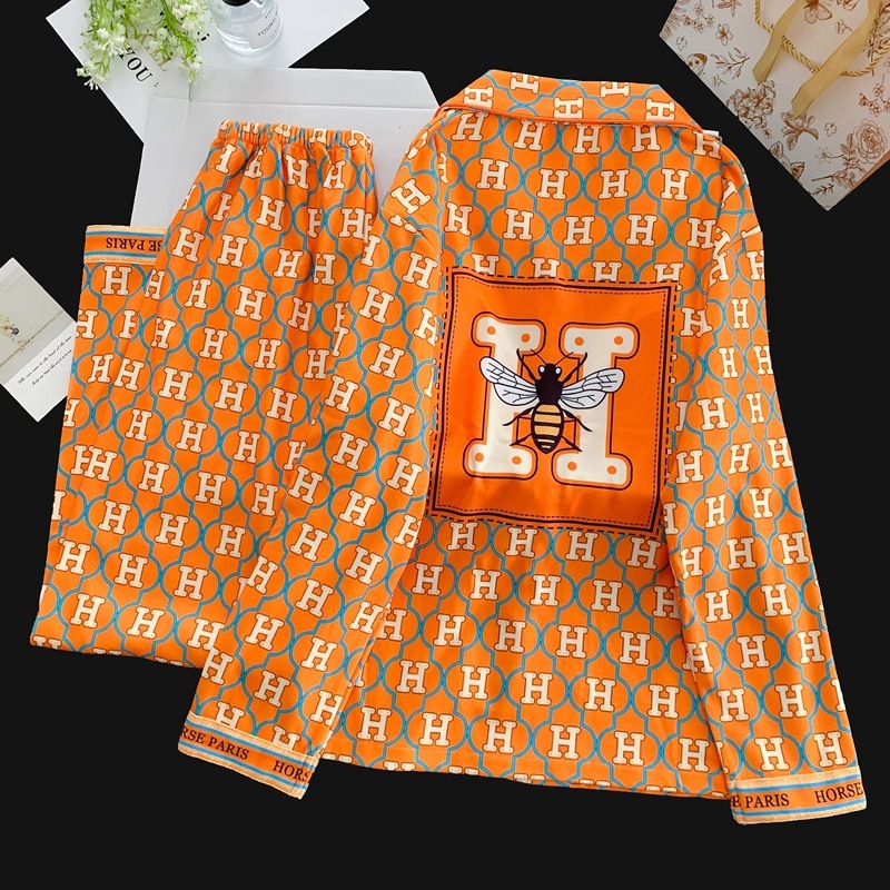 Pajamas Set Women Derong Autumn Winter Thickened Warm With Chest Pads Long Sleeve Long Pants Homewear Two Piece Set Orange Korean Style