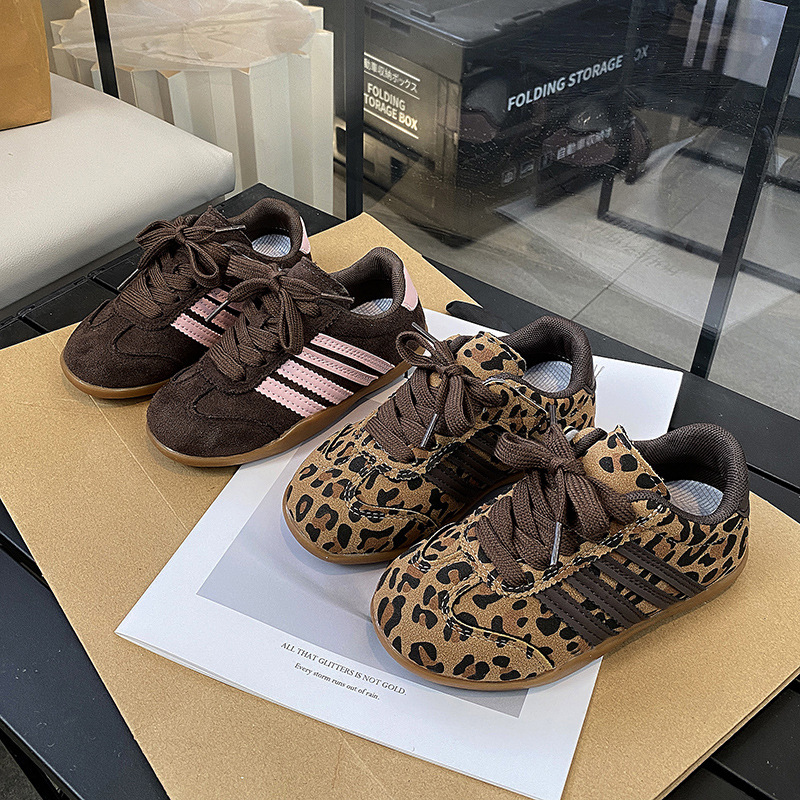 Kids Leopard Print Trainers Retro Brown Toddler Shoes Soft Sole Non-Slip Fashion Sneakers Easy Lace-Up Soft Sole Unisex School Shoes Free shipping
