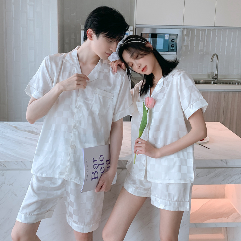 Pajamas Set White Checkerboard Couple Style Ice Silk Short Sleeve Shorts Summer Spring Autumn Soft Comfortable Homewear For Women And Men
