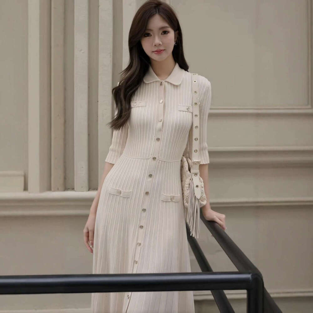 2026 Spring/Summer New Designer Elegant Fashion Striped Polo Collar Slim Knitted k30 Women's Dress
