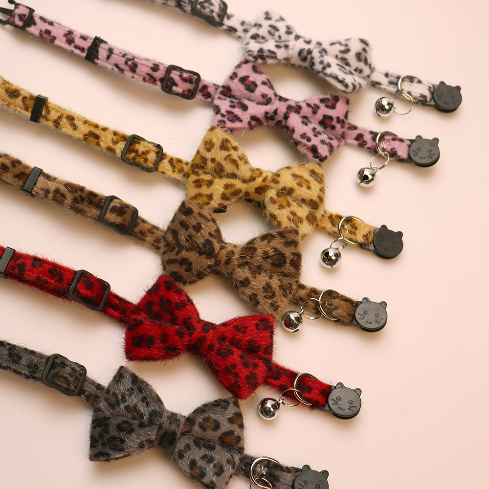 Pet Collar Leopard Pattern Cute Bell Bow Plush Design Soft Comfortable Adjustable For Cats Small Dogs