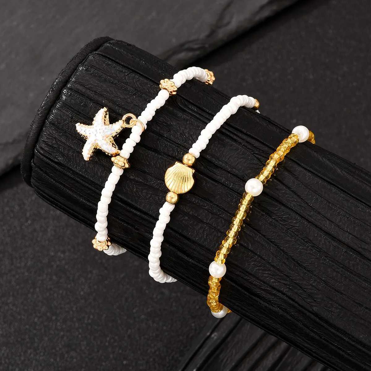 3Pcs/Set Bohemian Starfish Rice Beads Shell Anklet Set for Women Summer Gold White Color Multilayer Anklet Vacation Jewelry Gift H260325 - view 4
