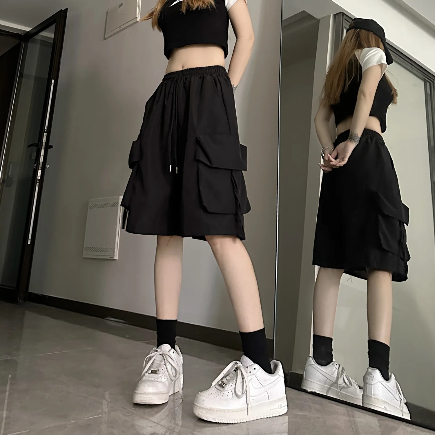 Y2K Cargo Short Harajuku Black Oversized Wide Leg Shorts Summer Streetwear Fashion High Waist Baggy Pants 2025 y260312