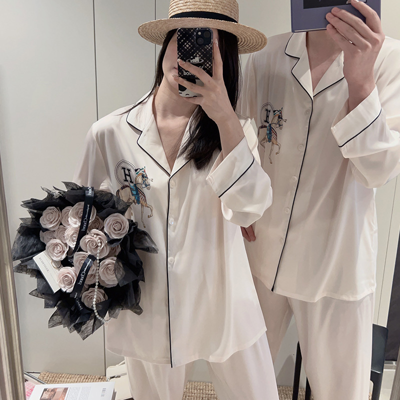 Pajamas Set Breathable Ice Silk Couple Style Luxurious Long Sleeve Long Pant Home Wear Two Piece Set Outdoor Wearable For Men And Women