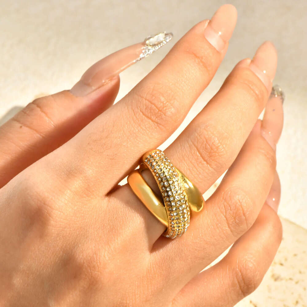 fashion ring desigenr for women geometric cross diamond inlaid zircon exaggerated stainless steel 18k gold ring