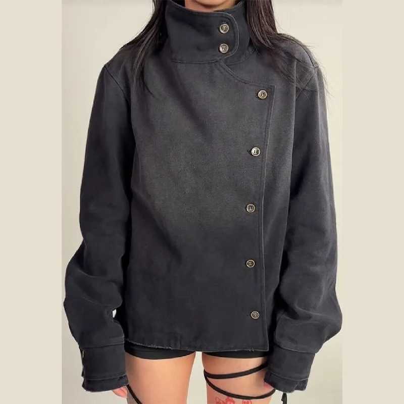 Y2K Harajuku Retro Functional Style Slant Collar Jacket Men Women Gothic Stand Collar Easy Jacket Street Fashion Black Jacket C260325