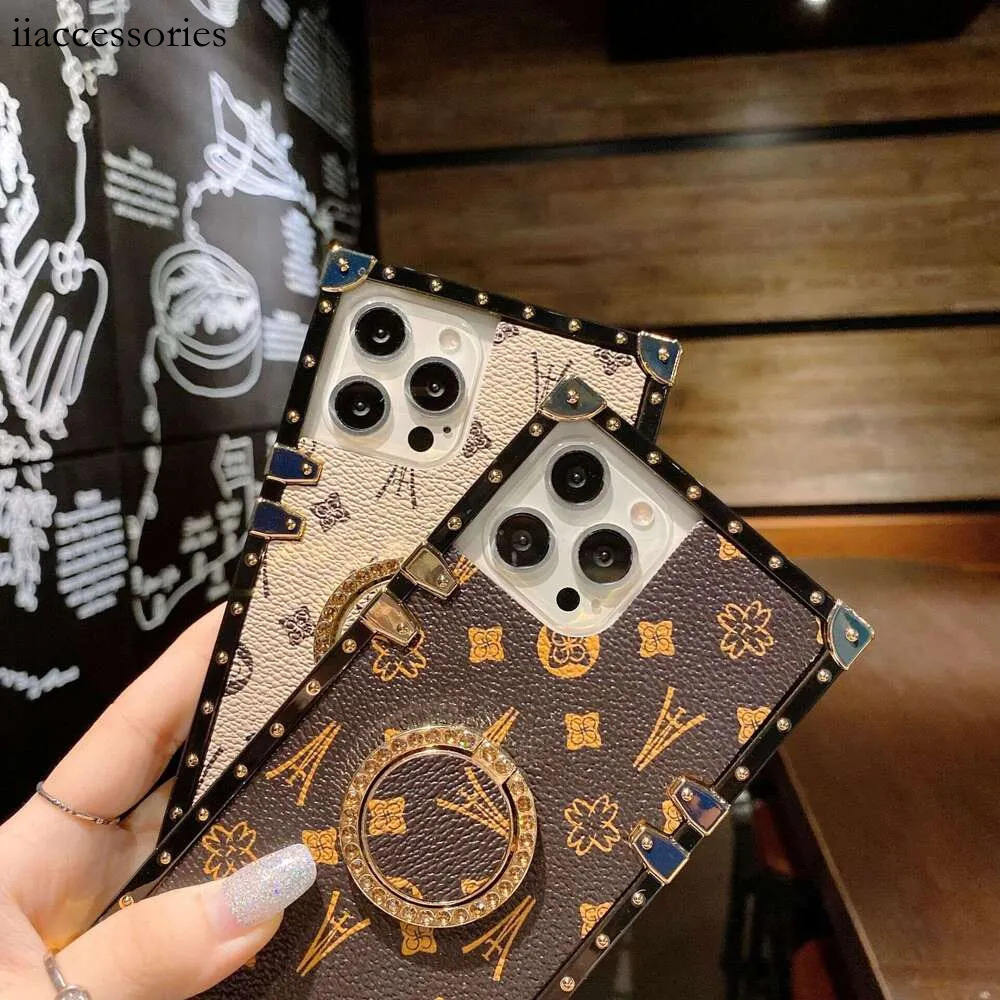 Designer Phone Case, Square Leather Texture Gold Metal Frame Ring Stand, Compatible with iPhone 17 Pro Max/16/15/14 Plus & Samsung S25 Ultra