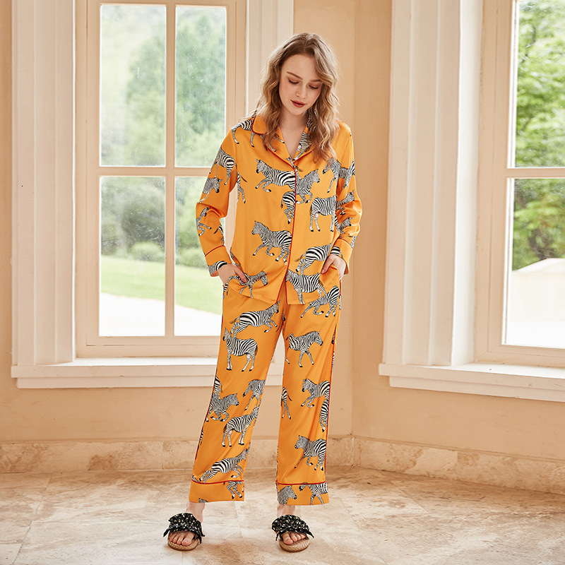 Homewear Set Women's Pajamas Yellow Zebra Printed Long Sleeve Long Pants Casual Wearable Soft Comfortable Breathable