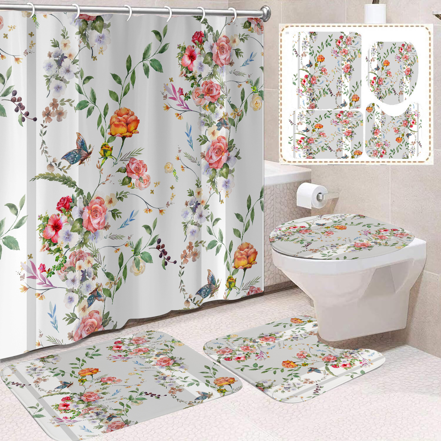 YL-38391 Floral Shower Curtain and Mat Set (4 Pieces) - Bathroom Dry and Wet Separation, Toilet Isolation Curtain, Modern Minimalist Style