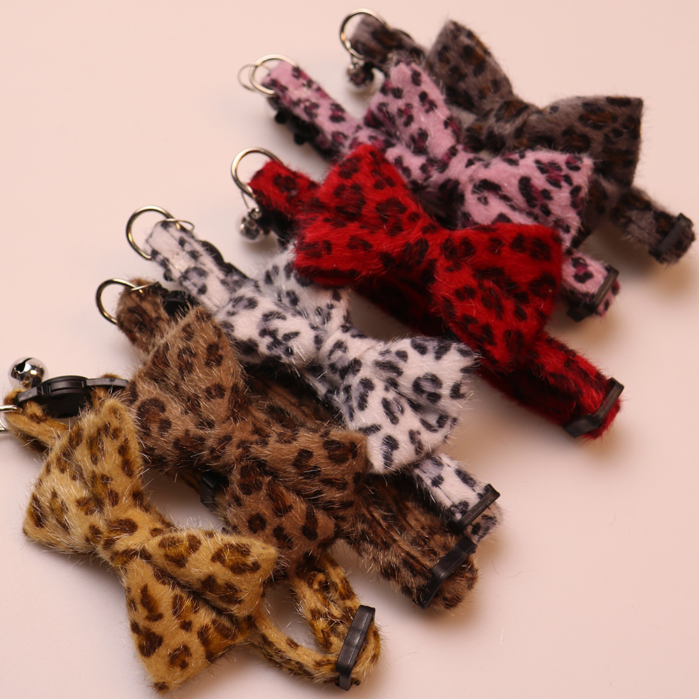 Pet Collar Leopard Pattern Cute Bell Bow Plush Design Soft Comfortable Adjustable For Cats Small Dogs