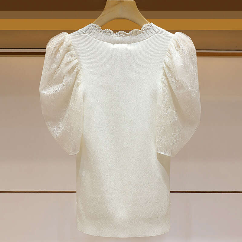 2026 Spring/Summer New Designer Bubble Short Sleeve Square Neck Lace Black k30 Thin Knitted Women's Elegant Top