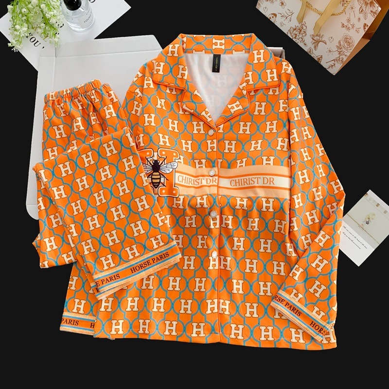 Pajamas Set Women Derong Autumn Winter Thickened Warm With Chest Pads Long Sleeve Long Pants Homewear Two Piece Set Orange Korean Style