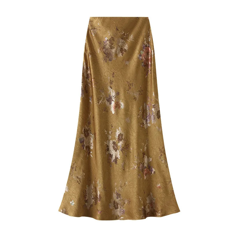Women Elegant Gilded Printed Pleated Skirts Korean Fashion High Waist Overskirts for Women Vintage Fishtail Long Skirts Summer 260321