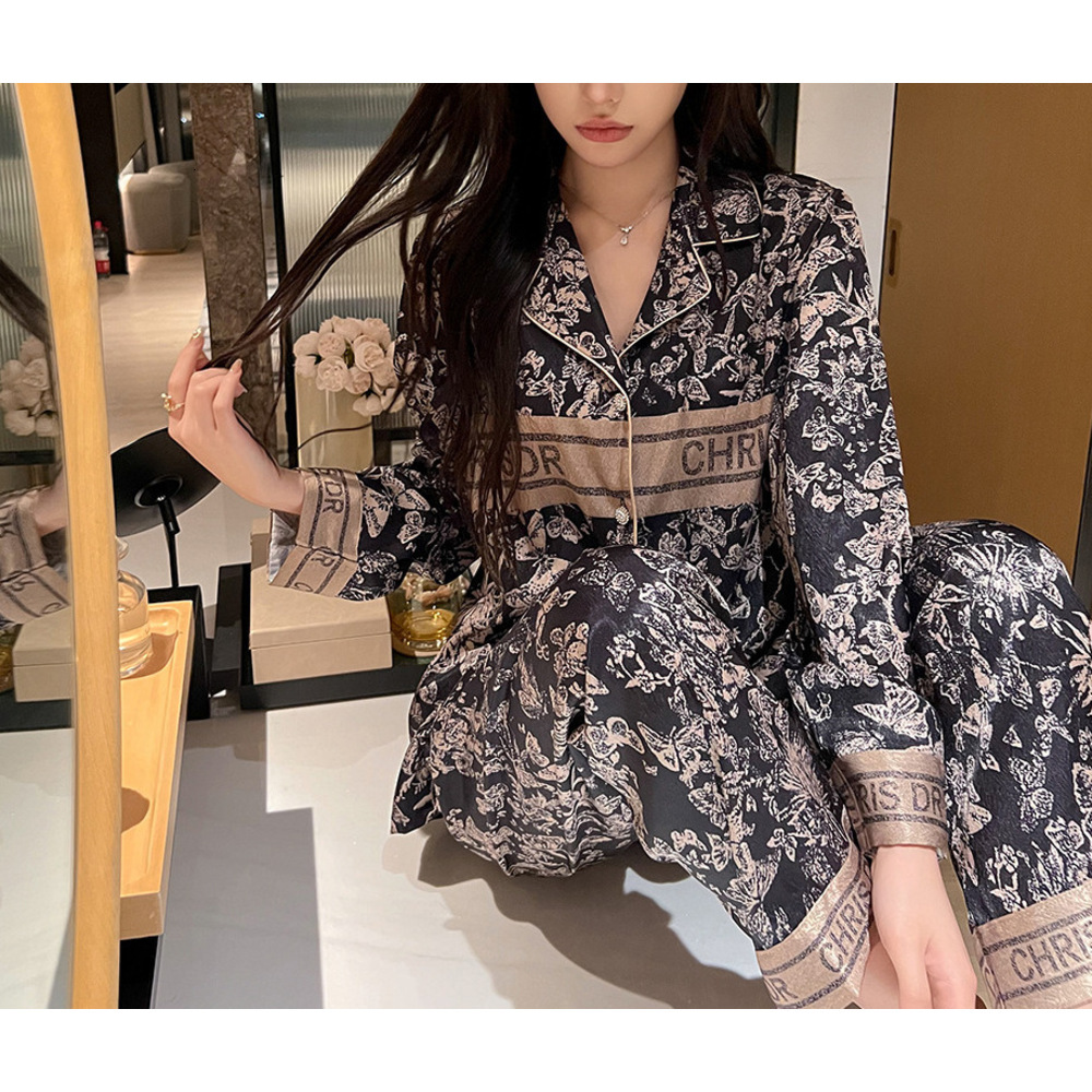 Couple Loungewear Women Pajamas Ice Silk Spring Autumn Luxury High End Long Sleeve Set Black White Gold Butterfly