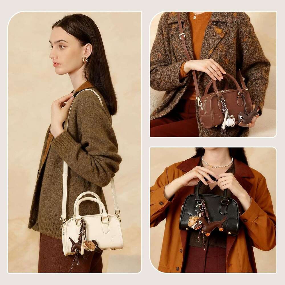 Leather Crossbody Purses for Women, Small Top Handle Cute Shoulder Bag with Pendant and Adjustable Strap