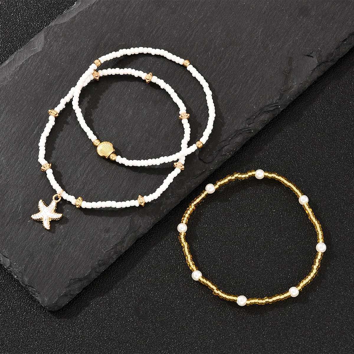 3Pcs/Set Bohemian Starfish Rice Beads Shell Anklet Set for Women Summer Gold White Color Multilayer Anklet Vacation Jewelry Gift H260325 - view 6