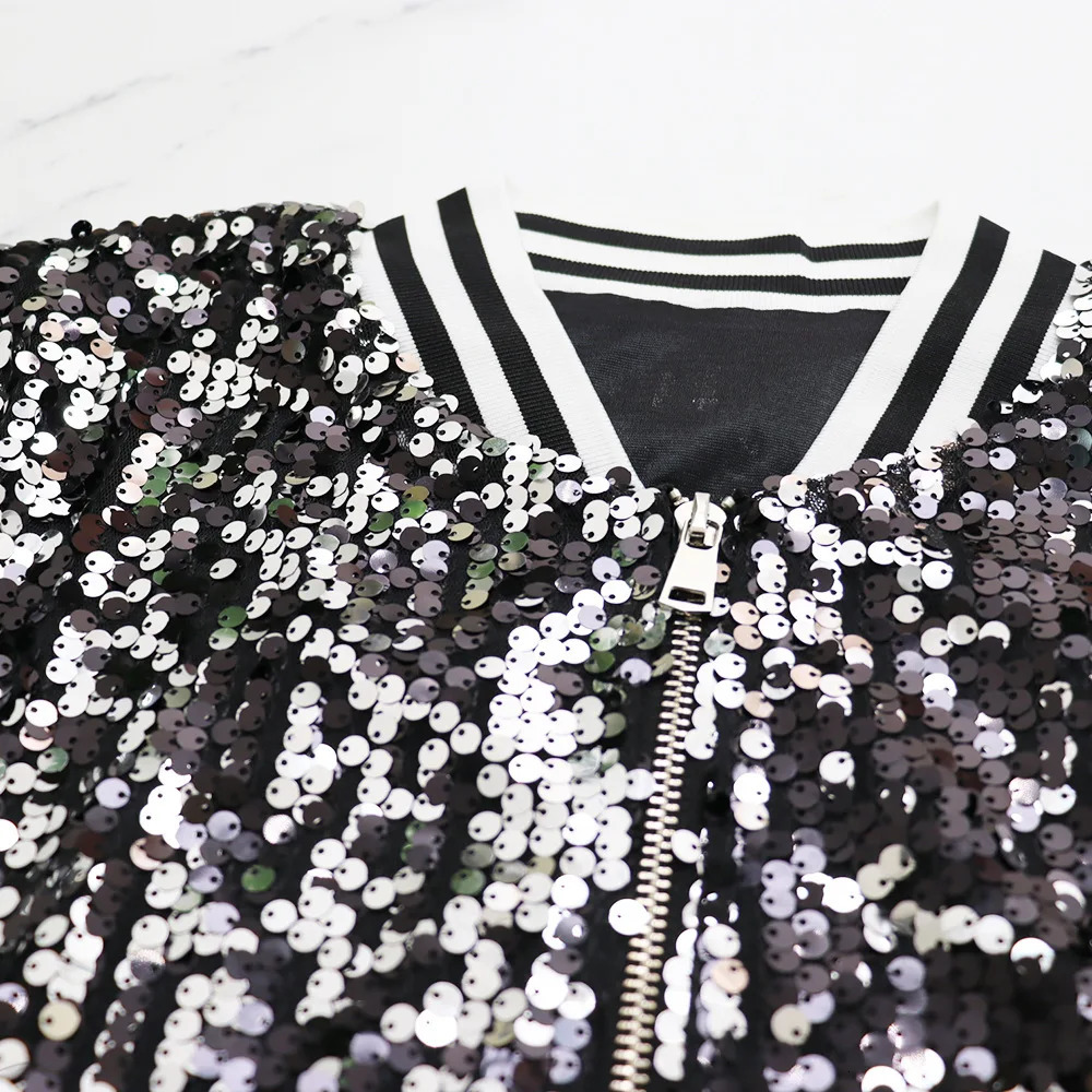 Spring Autumn Golden Sequined Jacket Women Patchwork Stand Collar Long Sleeve Short Coat Tops Baseball Uniform Casual 38903 260325