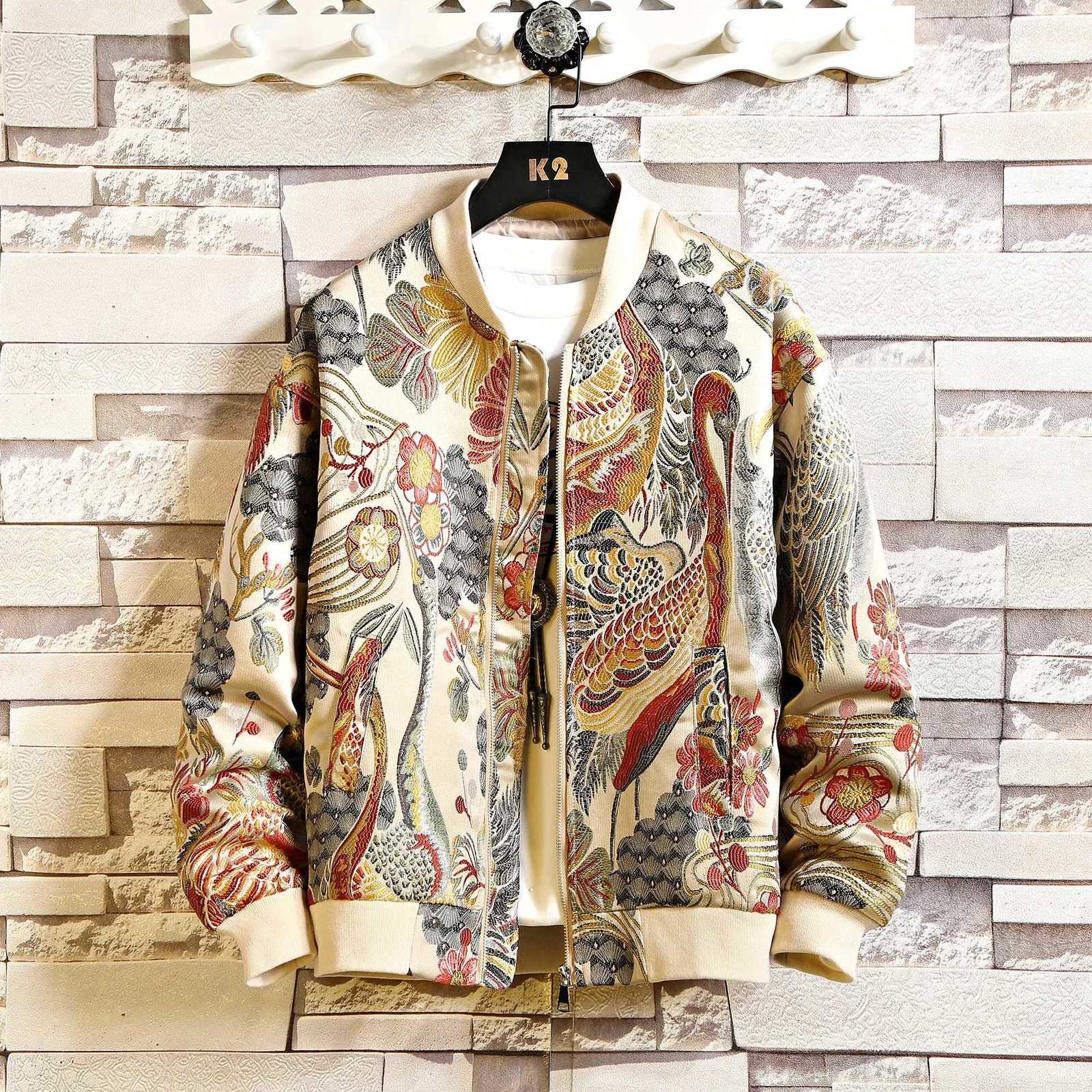 2026 Men Print Baseball Jacket Coats Mem Embroidery Crane Chinese Style Optional Harajuku Bomber Jacket Men Oversize Outerwear C260325