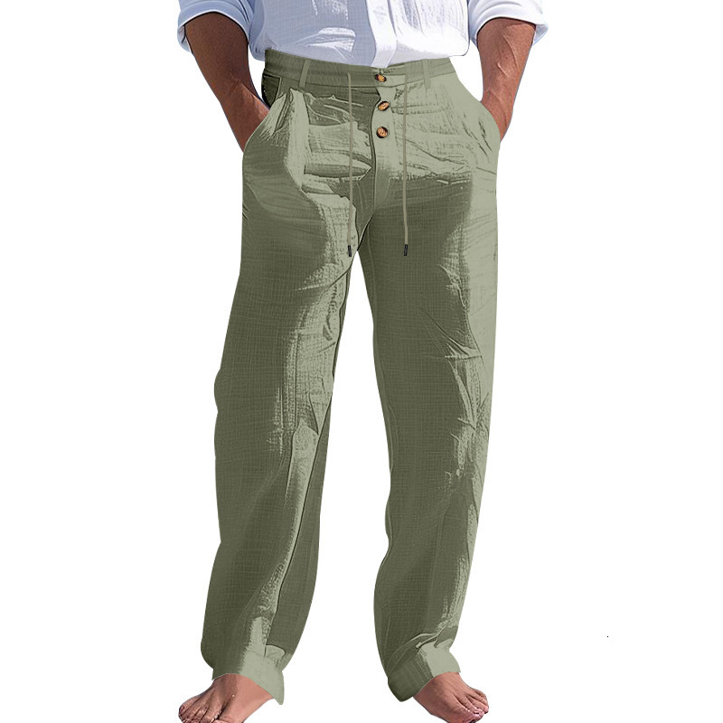 American Style Men's Cotton Linen Pants With Button Decoration And Drawstring Summer Beach Pants Essential Pants Straight-leg Solid Color Breathable Long Pants