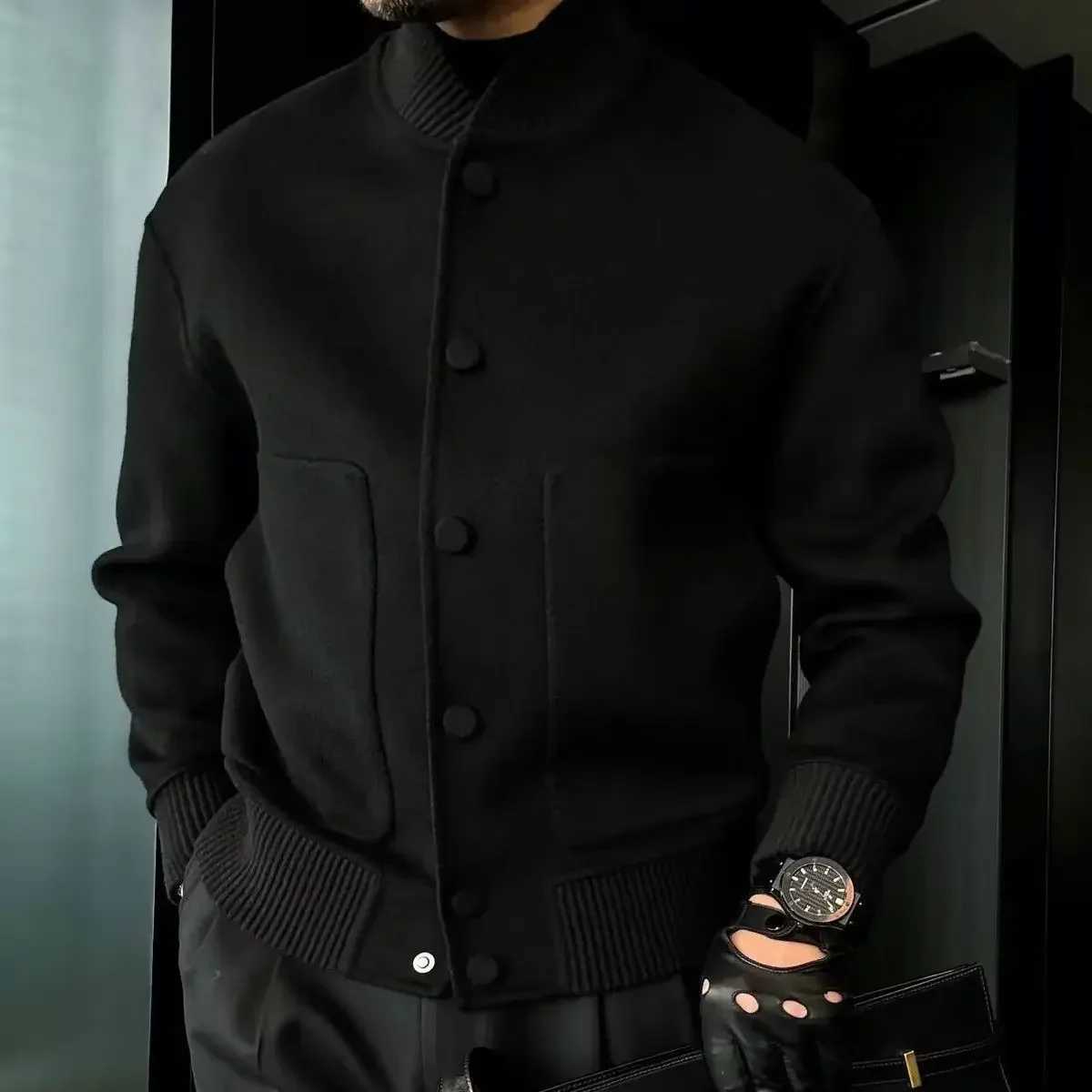 Mens Woolen Coat Fashion Brand Solid Color Stand Up Collar Versatile Trendy Jacket C260325