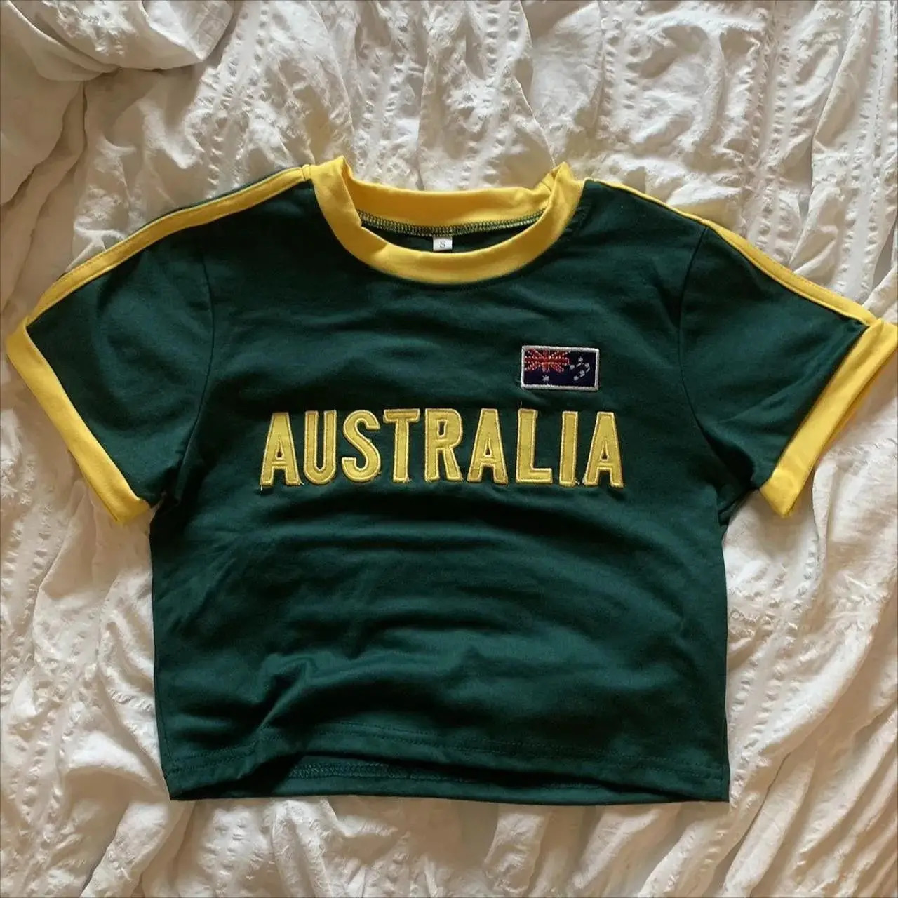 Summer Green T-shirt Women Australia Letter Print Crop Tops Casual Short Sleeve Retro Tees Y2k Clothes Punk Aesthetic Streetwear 260325