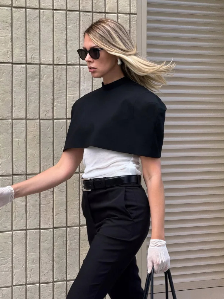 Fashion Black Cape Top For Women Elegant Solid Stand Collar Zipper Cropped Shawl Lady 2026 Spring Chic Street Versatile Item 260325
