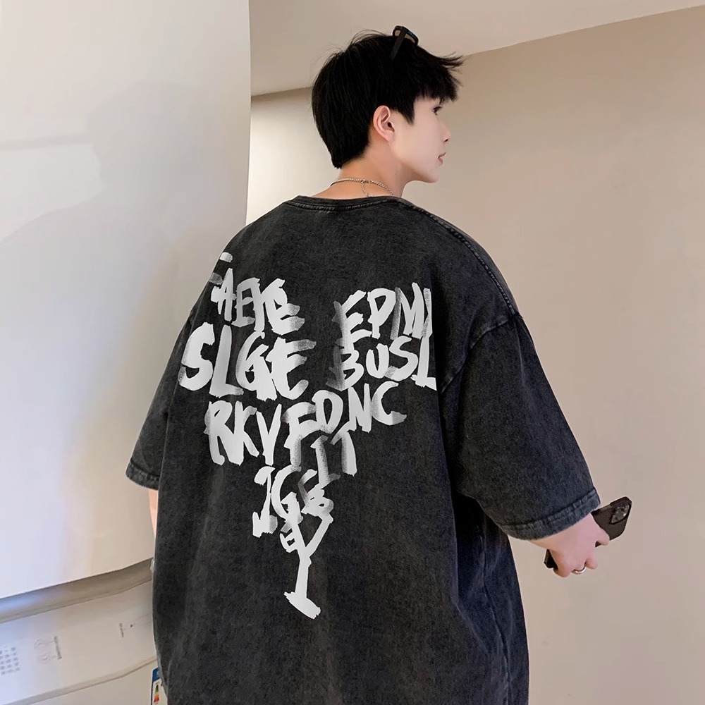 Men's American Oversized Versatile INS Streetwear Distressed Washed Tees | Spring Summer Cotton T-Shirts with Designer Wing Print