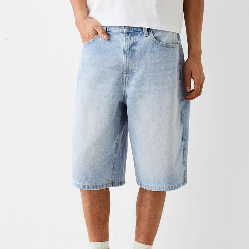 Men's Shorts Denim Capri Shorts Baggy Jeans for Men Casual Loose Fit Wide Leg Denim Jorts Vintage Hip Hop Skateboard Long Male Streetwear Casual 