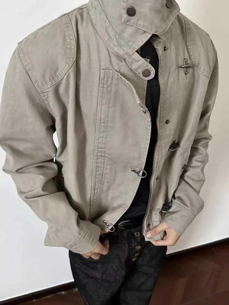 Vintage Airplane Buckle Stand Collar Coat Men Washed Jacket Cropped Oversized Cargo Outerwear Spring Fall Distressed Jacket C260325