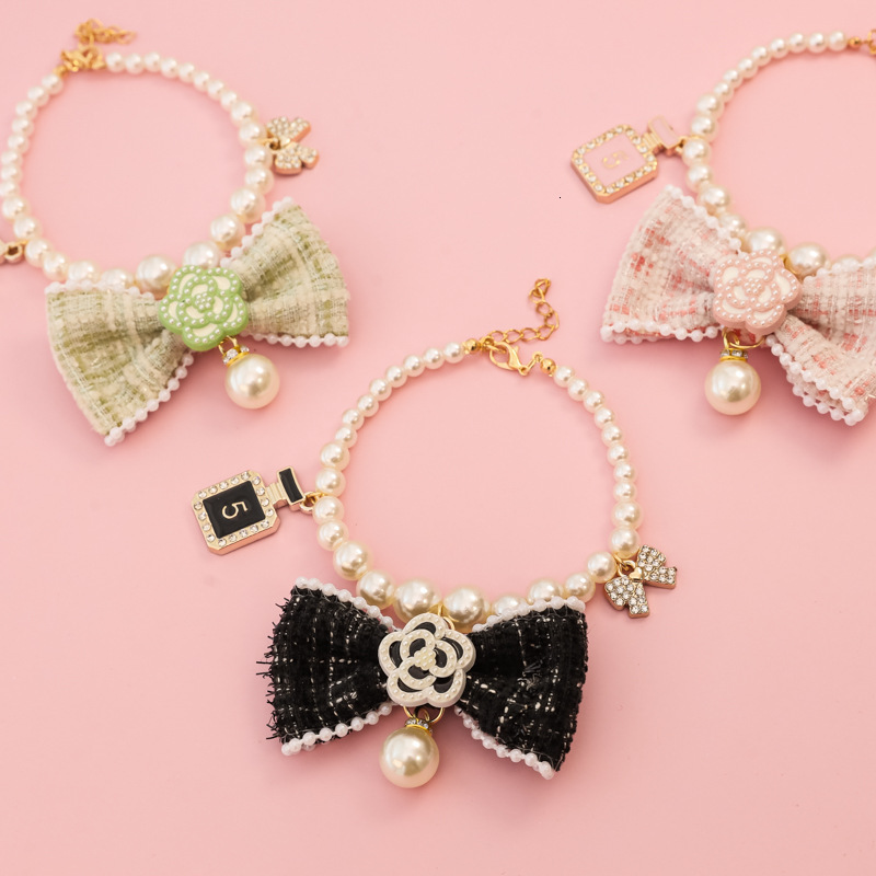 Pet Collar Designer Pearl Necklace Cute Heart Decor Silent Rhinestone Adjustable For Kittens And Small Dogs