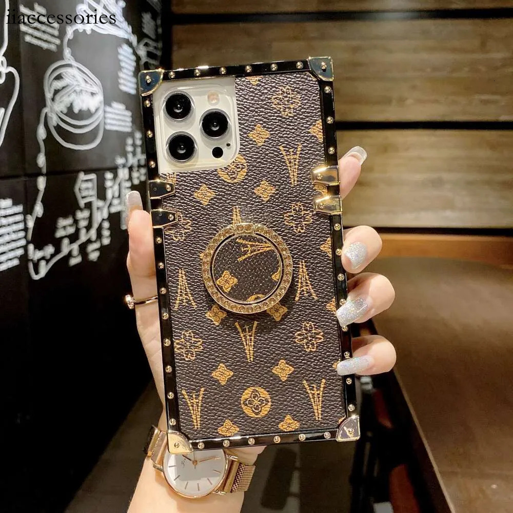 Designer Phone Case, Square Leather Texture Gold Metal Frame Ring Stand, Compatible with iPhone 17 Pro Max/16/15/14 Plus & Samsung S25 Ultra