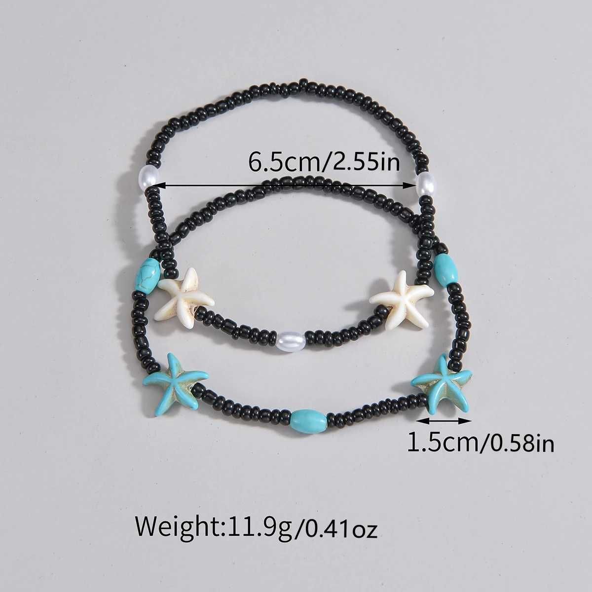 2-piece vacation beach style turquoise starfish mixed black beaded womens anklet H260325 - view 3