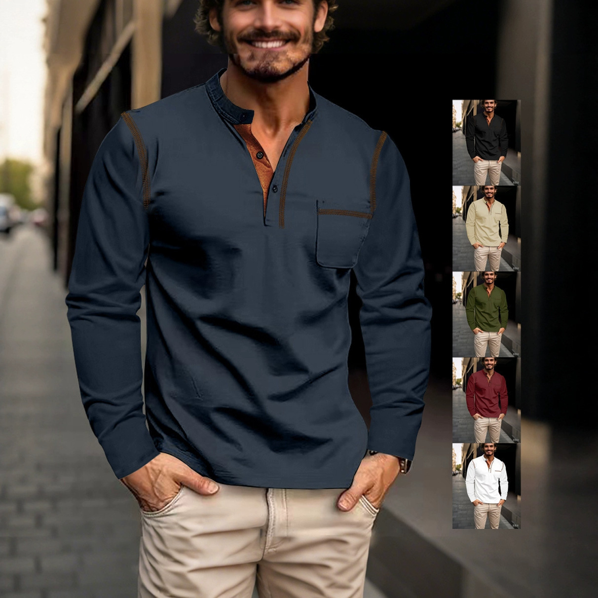 European And American Designer T-shirt 2026 Spring Summer Men's Long Sleeve Stand Polo Collar Polo Shirt Export Solid Color Designer Hoodie Men's Base Long Sleeve