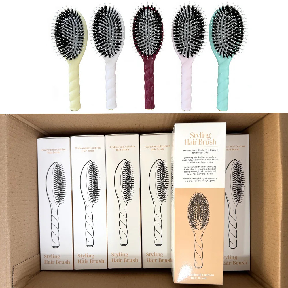 Macaron Large Size Boar Bristle Hair Brush Air Cushion Comb - Scalp Massage Detangling Hair Care Styling Tool 260325
