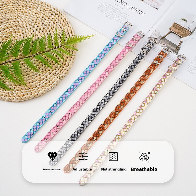 Pet Collar Pu Leather Plaid Pattern Decor Stylish Accessories For Cats Small Dogs Shiny Glitter Sequins