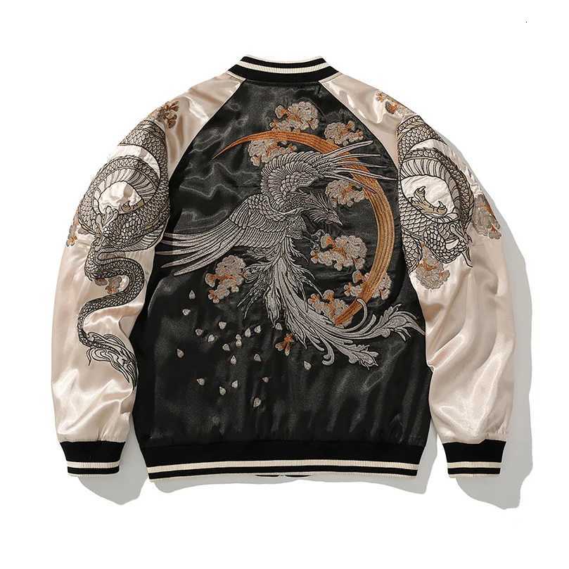 Mens Bomber Jacket Satin Dragon Phoenix Embroidery Casual Streetwear Spring Autumn Stand Collar Fashion Outerwear Sukajan C260325