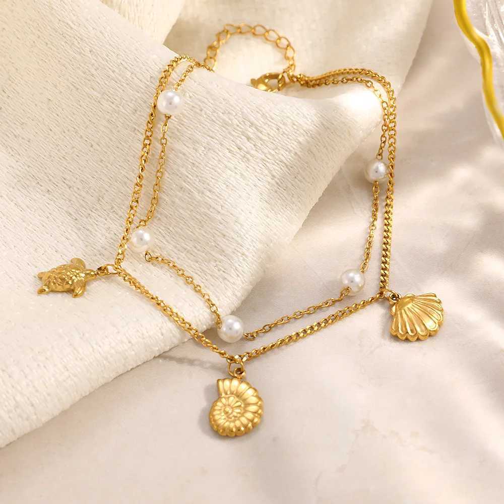 Stainless steel plated 18K gold ankle chain also known as animal double layered pearl chain stacked starfish shell jewelry gift H260325 - view 4