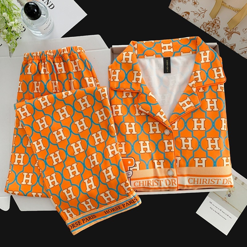 Pajamas Set Women Derong Autumn Winter Thickened Warm With Chest Pads Long Sleeve Long Pants Homewear Two Piece Set Orange Korean Style