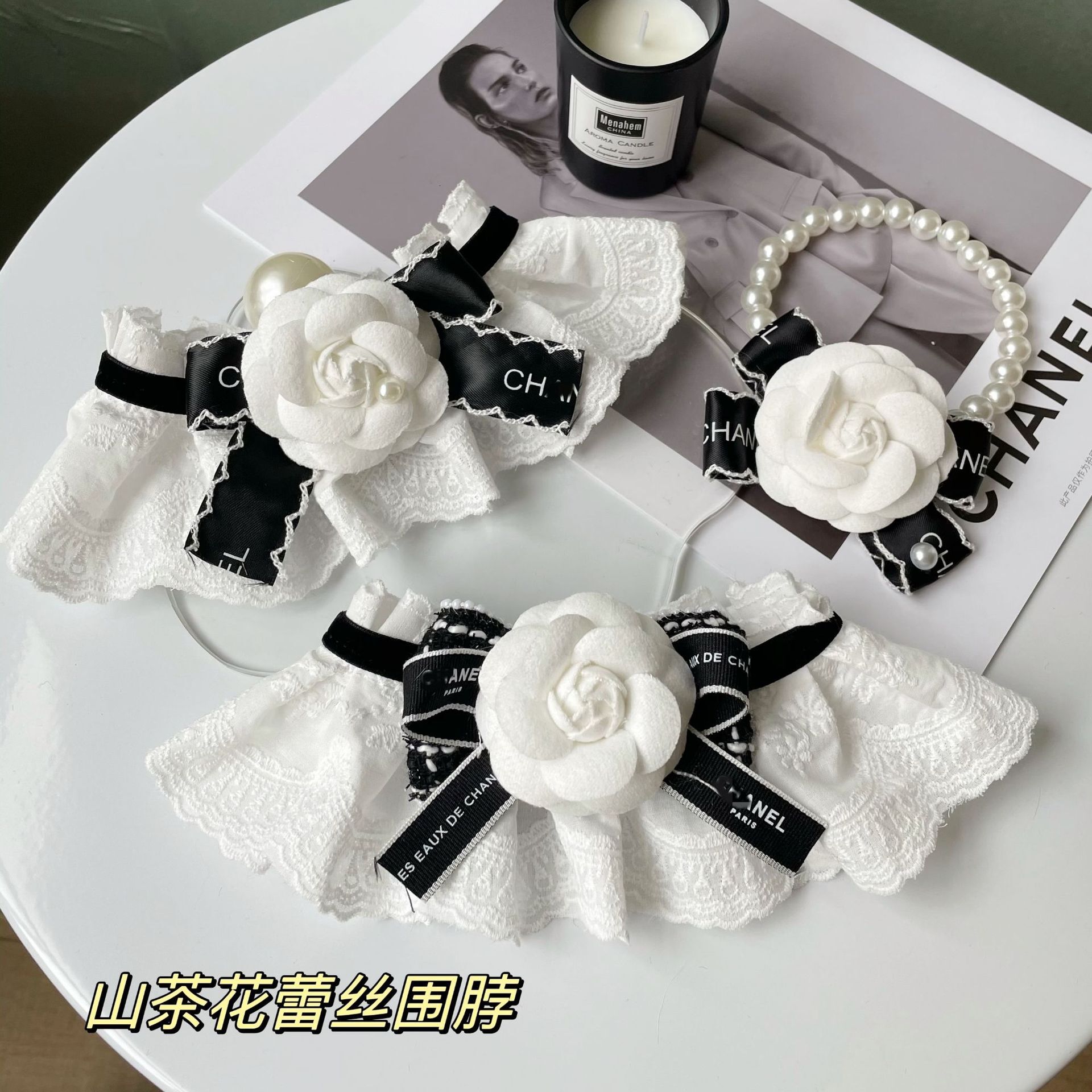 Pet Collar Cotton Lace Designer Choker Comfortable Necklace Neck Rope Accessories For Cats And Dogs With Black Camellia Style