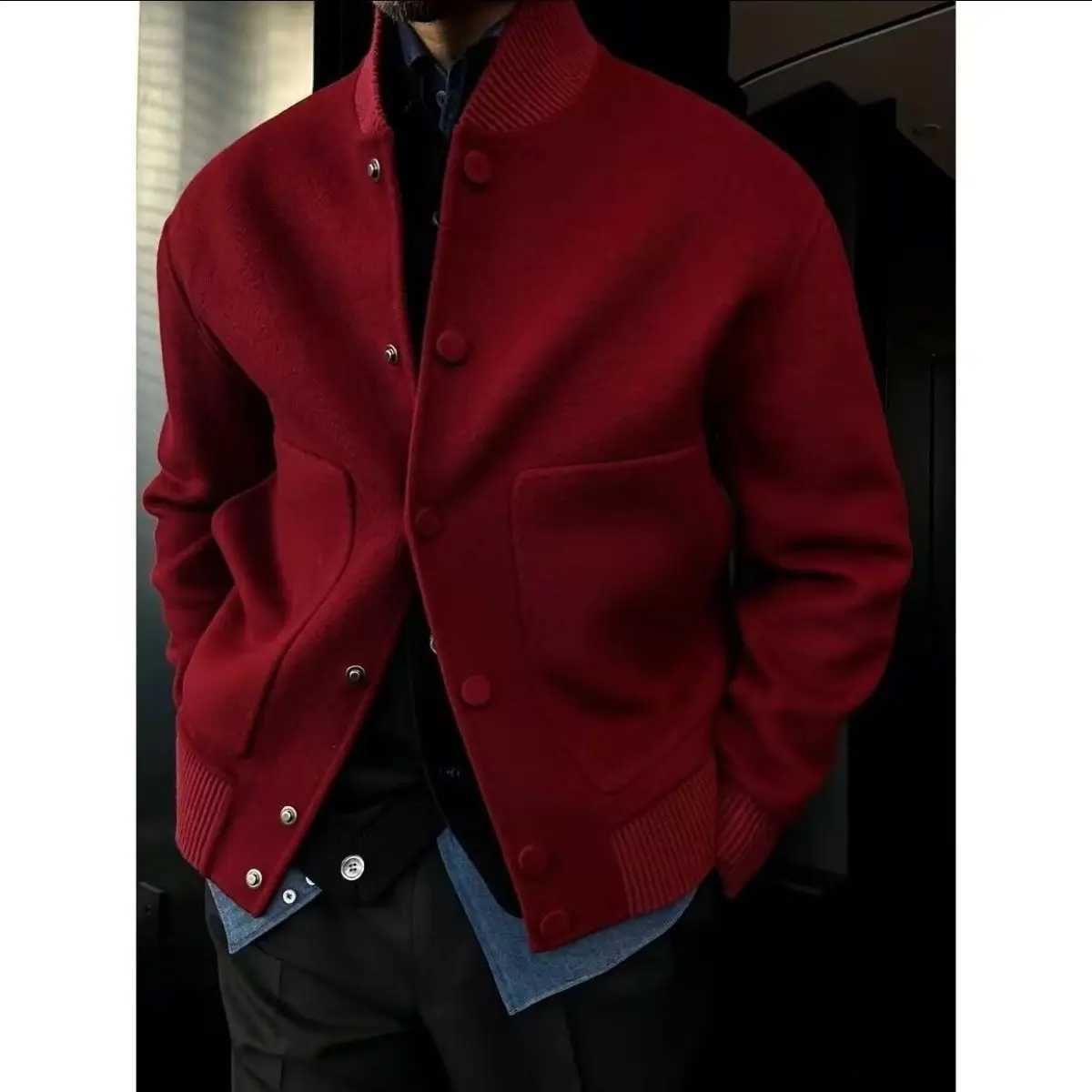 Mens Woolen Coat Fashion Brand Solid Color Stand Up Collar Versatile Trendy Jacket C260325