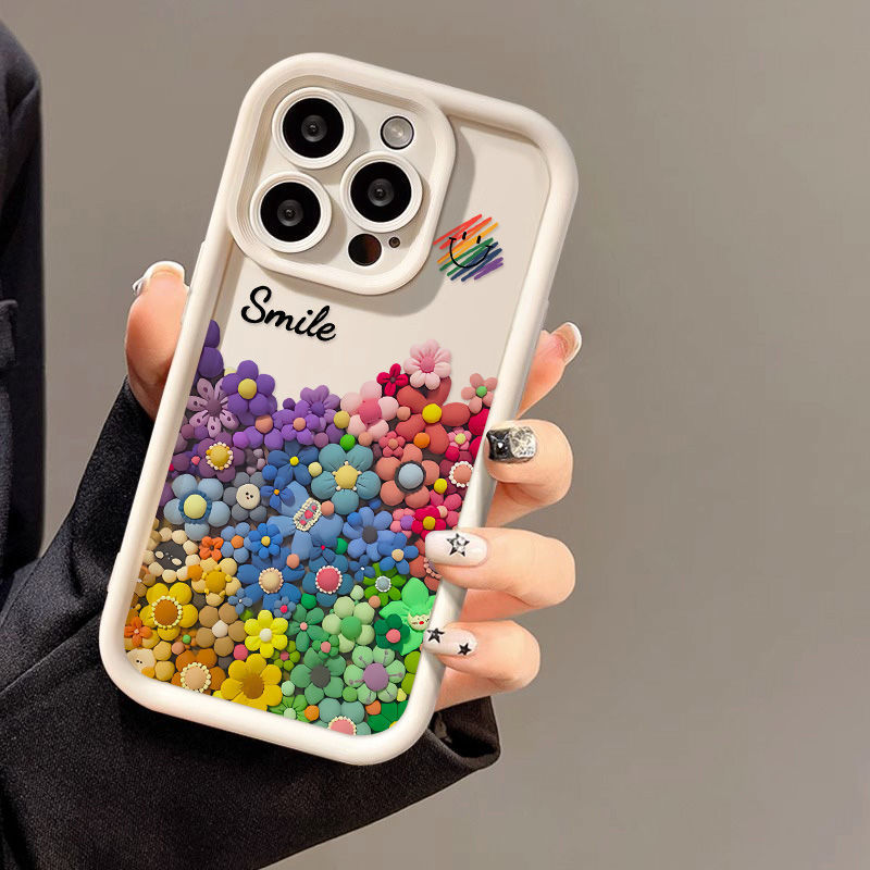 3D Rainbow Flower Silicone Phone Case for iPhone 11-17 Series Cute Anti-Fall Soft Cover