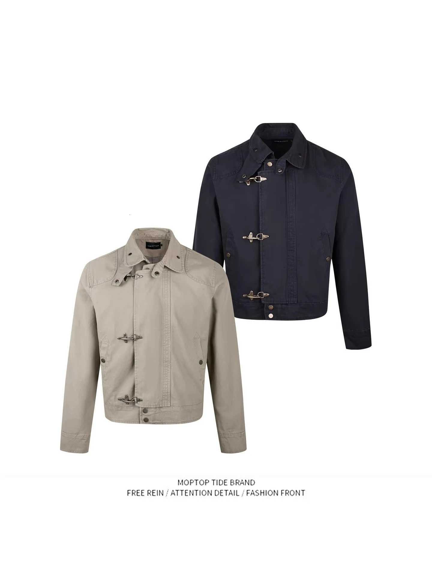 American Style Vintage Flip Collar Jacket Mens Spring Autumn Loose Aircraft Buckle Workwear Hong Kong Style Polyester C260325