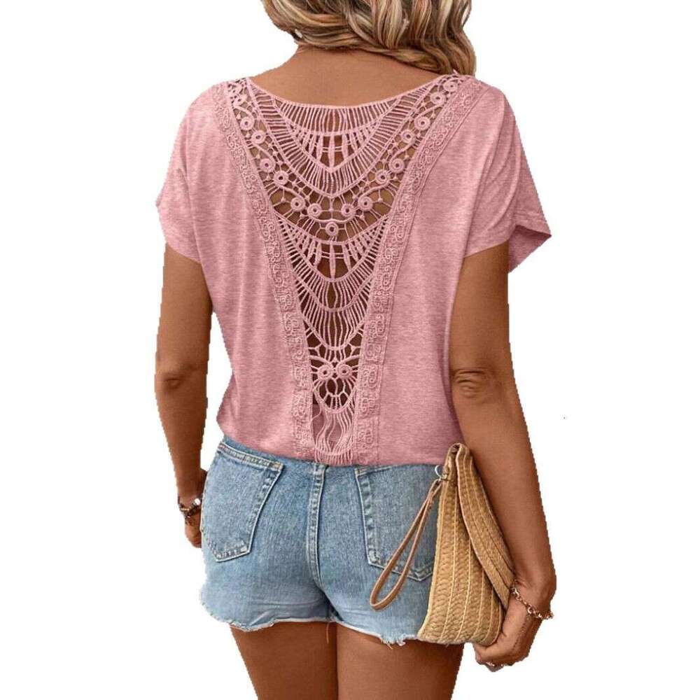 2026 Spring and Summer New European and American Designer Lace s4 Patch Short Sleeve Women's T-shirt