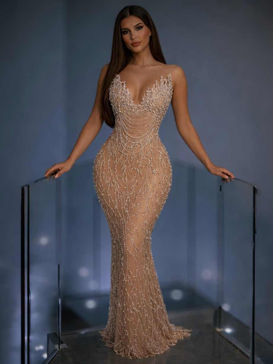 Sexy Crystals Mermaid Prom Dresses Sleeveless Strapless Evening Gowns Floor Length Celebrity Party Customized