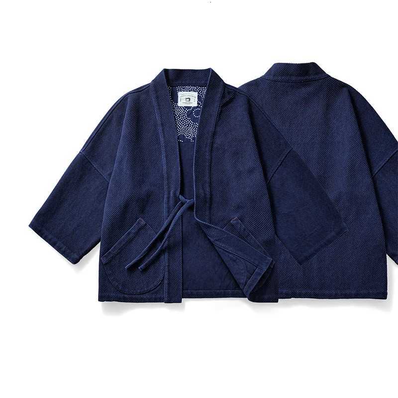 BADBOWL Indigo Jacket Men Handmade Plant Blue Dye Kendo Cotton Coat Improved Japanese Kimono Jackets Male Loose Casual Road Robe C260325