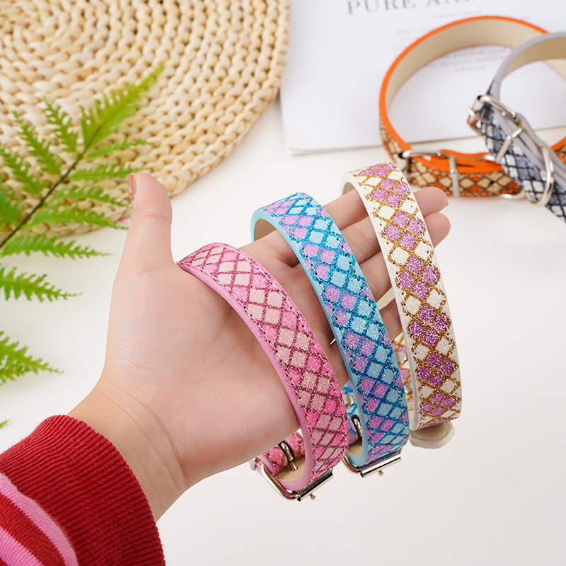 Pet Collar Pu Leather Plaid Pattern Decor Stylish Accessories For Cats Small Dogs Shiny Glitter Sequins