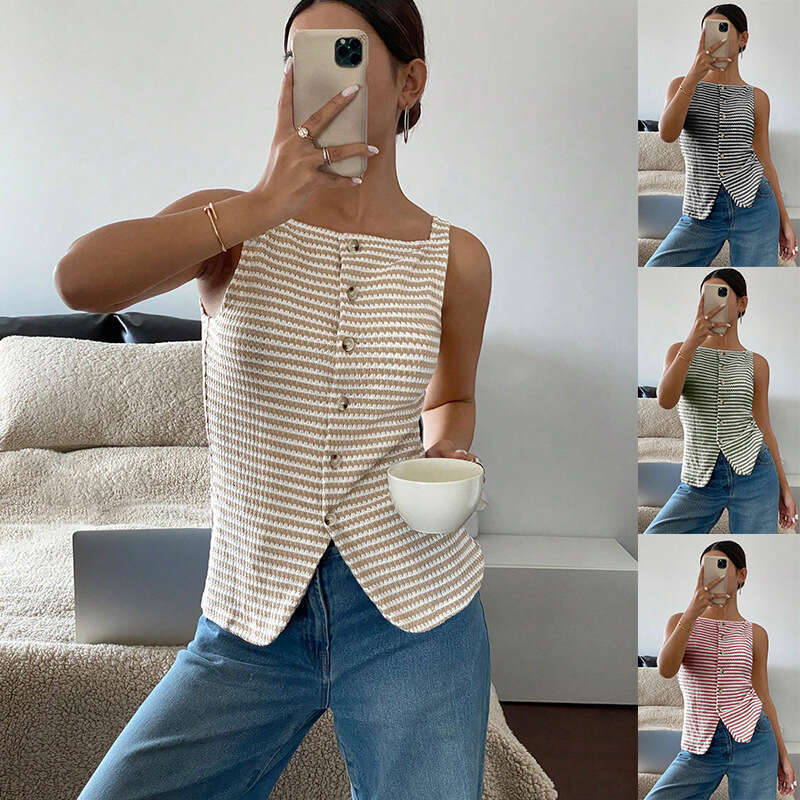 2026 designer summer new European and American women's casual button s4 up sleeveless vest top