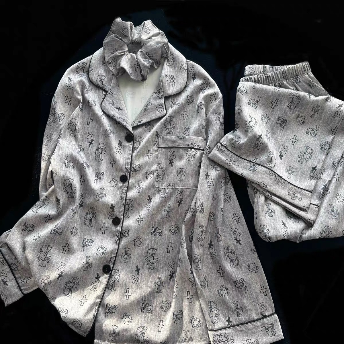Women's Loungewear Cool Ice Silk Faux Pajamas Set With Trendy Hair Tie Spring Autumn Cat Cross Print Ultra