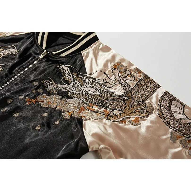 Mens Bomber Jacket Satin Dragon Phoenix Embroidery Casual Streetwear Spring Autumn Stand Collar Fashion Outerwear Sukajan C260325