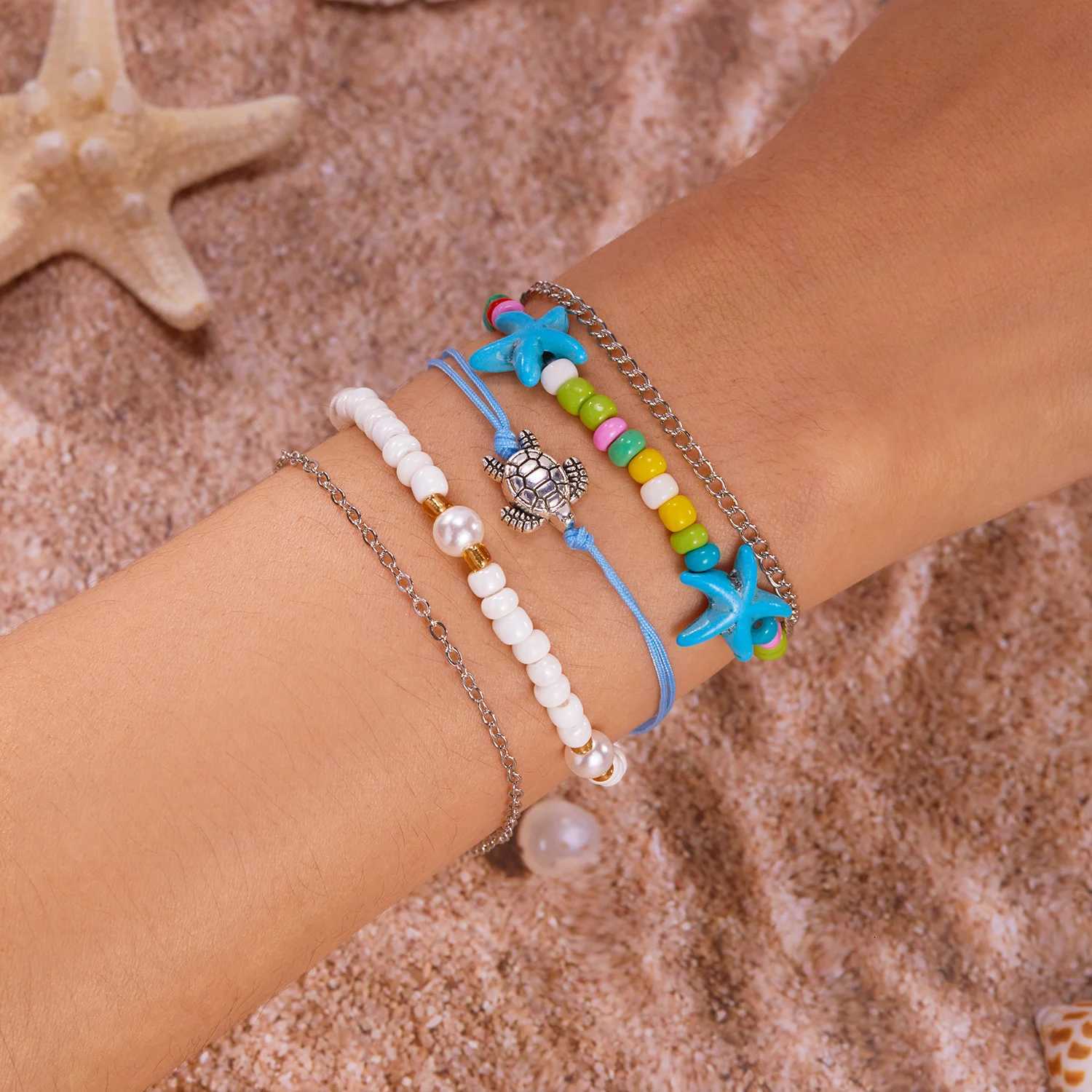 Bohemian Rice Beads Starfish Conch Pendant Anklet Set For Women Multi layer Sea Turtle Ankle On Foot Girl Charm Jewelry H260325 - view 7